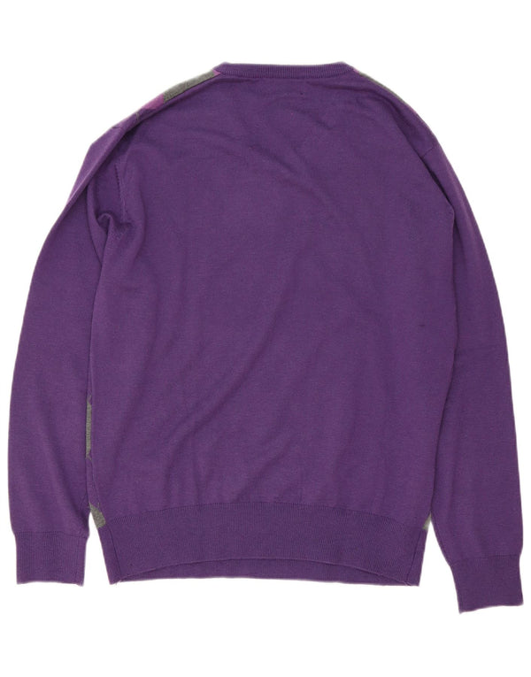 New Sensation Mens V-Neck Jumper Sweater Large Purple Argyle/Diamond Wool