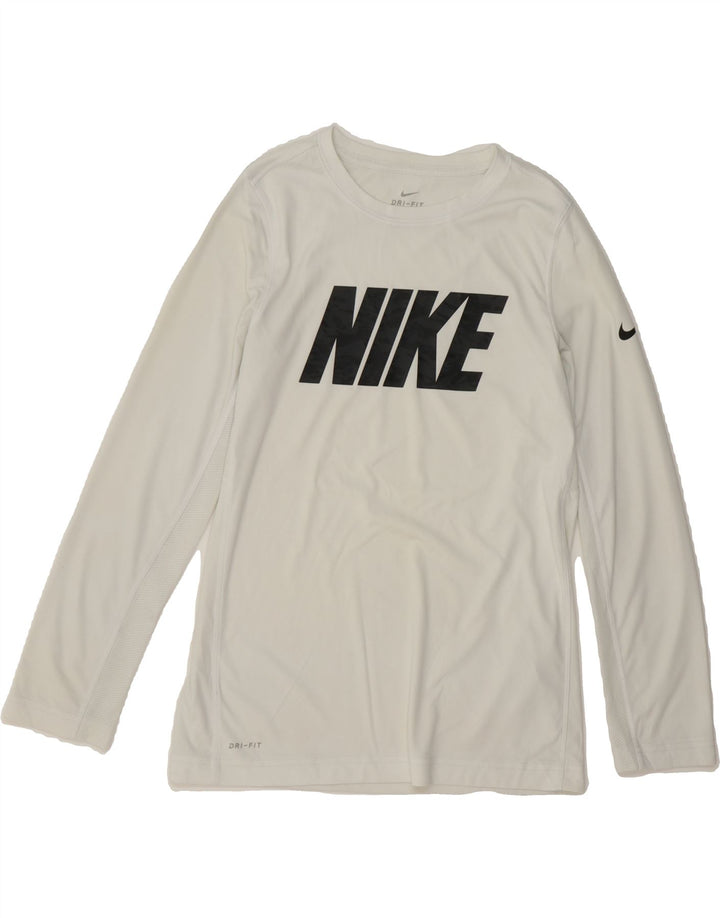 NIKE Boys Graphic Top Long Sleeve 12-13 Years Large White Polyester Vintage Nike and Second-Hand Nike from Messina Hembry 