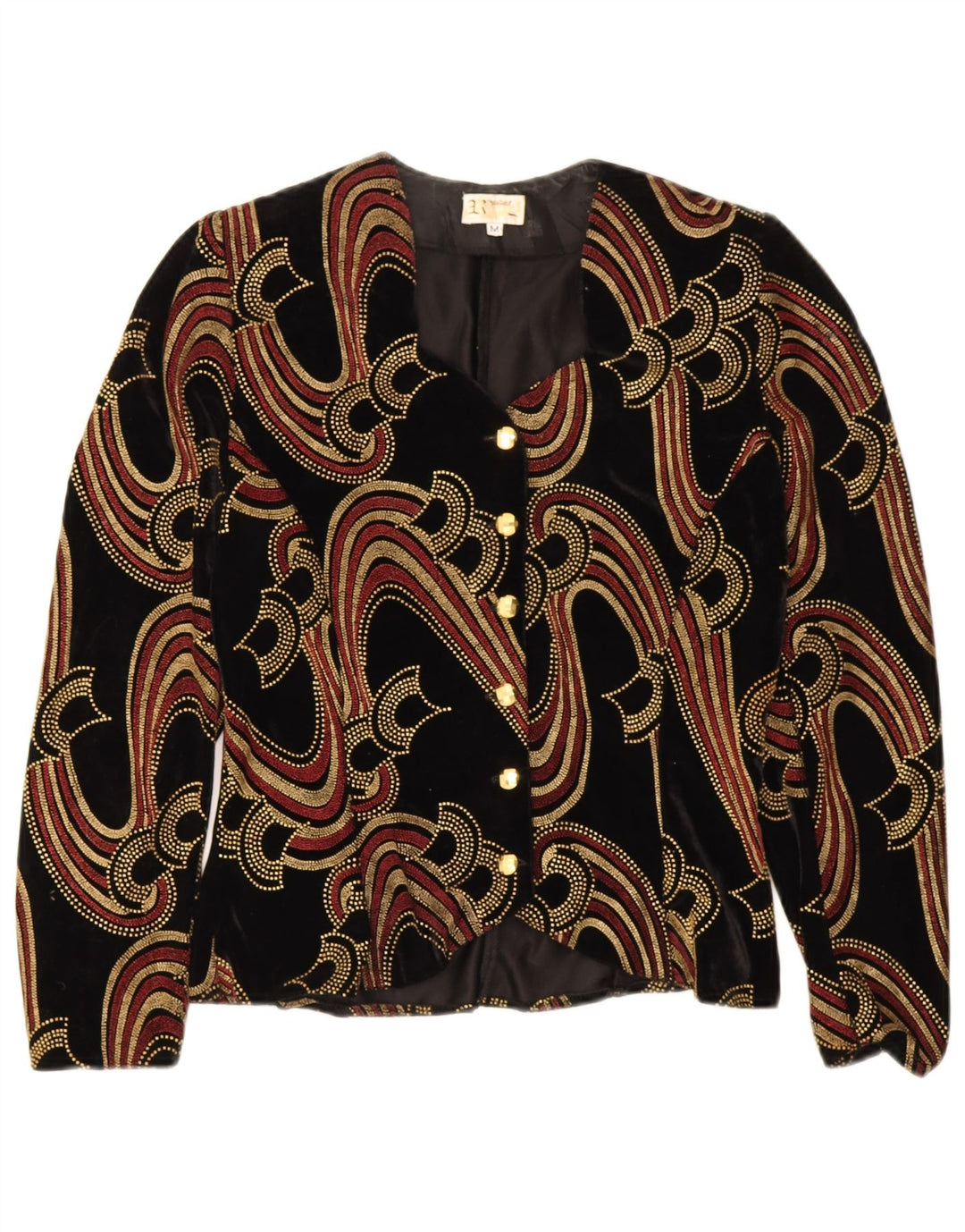 vintage Womens Velvet Abstract Pattern Cardigan Top UK 12 Moyen Noir