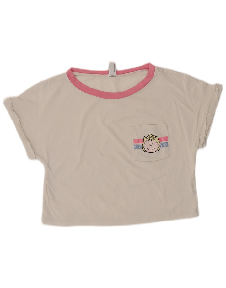 BENETTON Femmes Peanuts Crop T-Shirt Top UK 6 XS Blanc Coton
