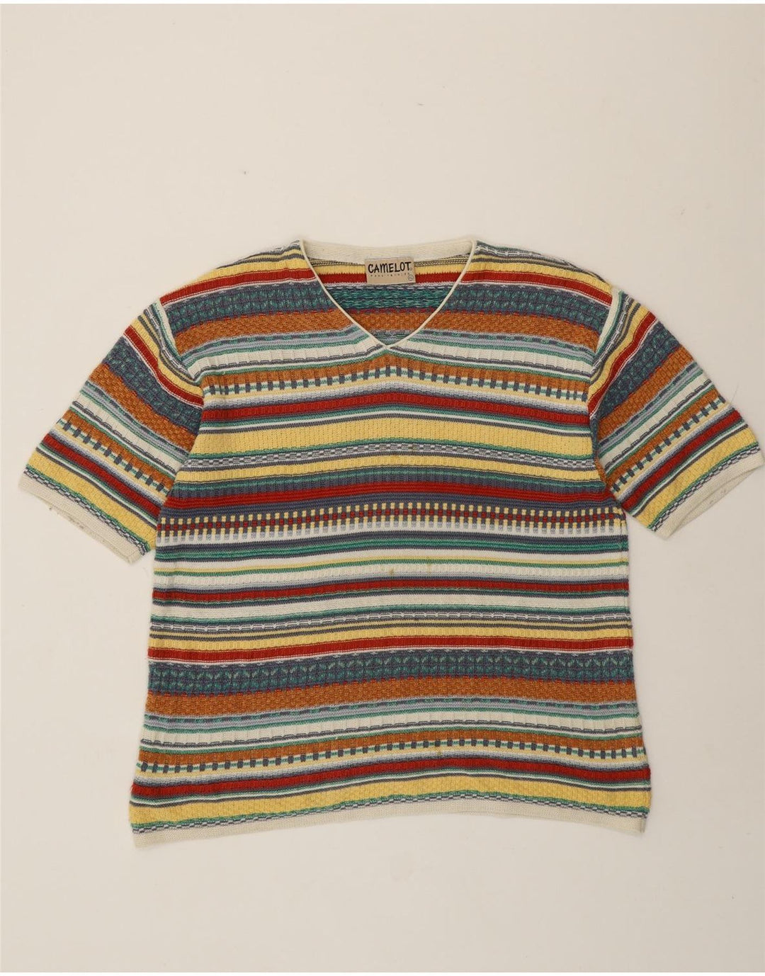 Camelot Pull col V pour Femme UK 18 XL Multicolore Géométrique Rétro