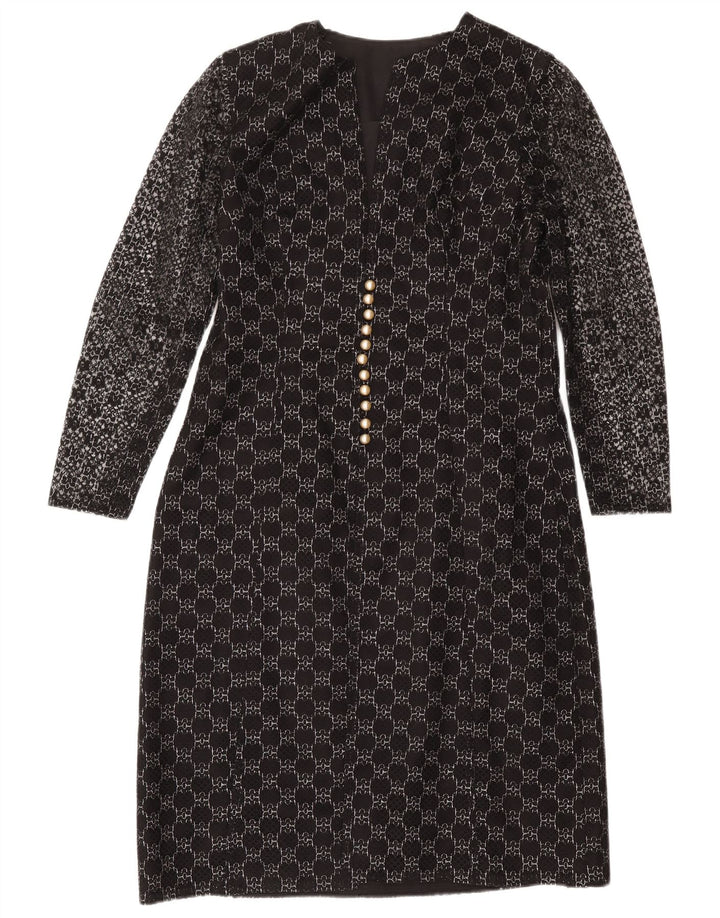 robe fourreau à manches longues vintage pour femmes UK 12 Moyen Noir Géométrique