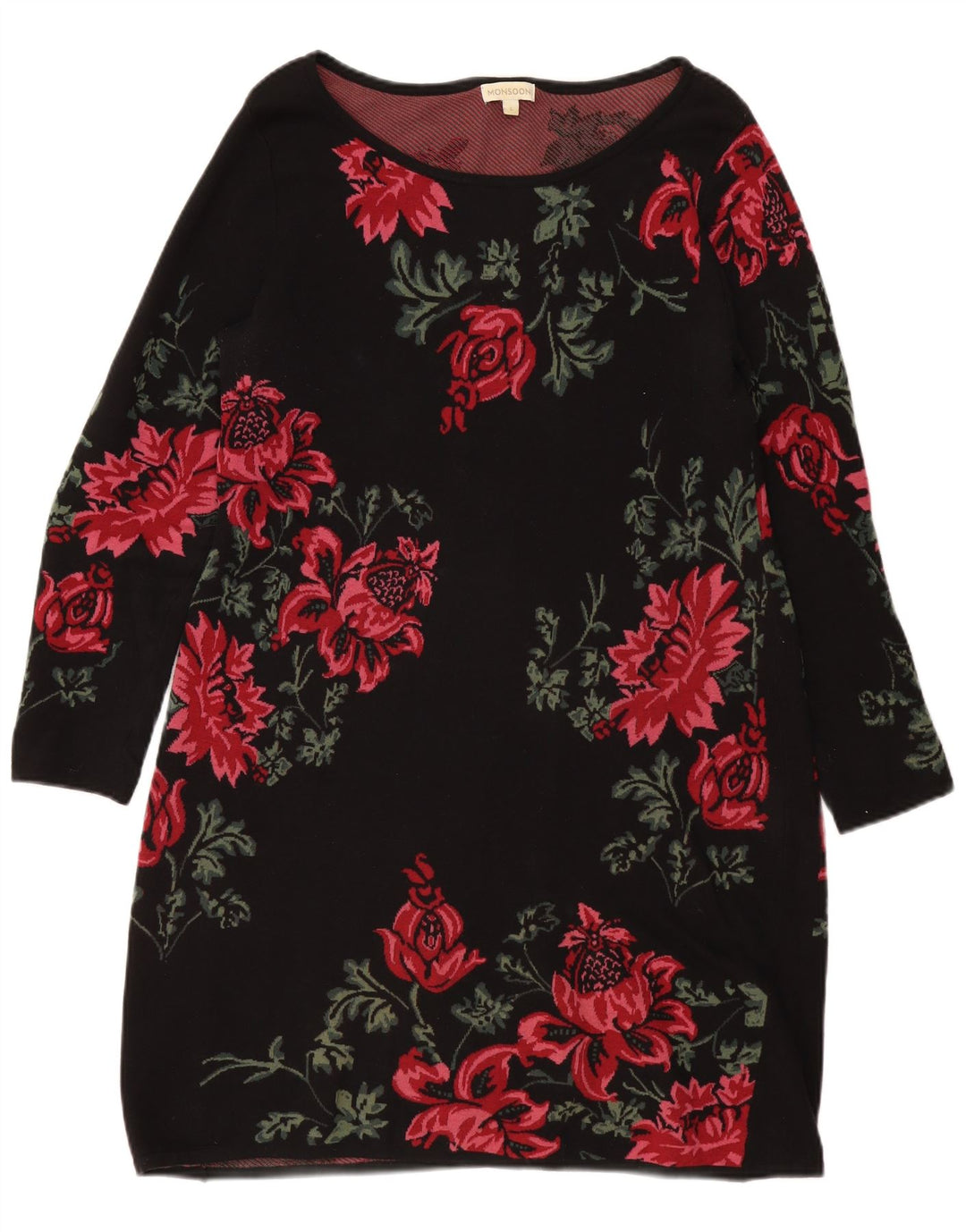 MONSOON Robe pull à manches longues pour femme UK 16 Grand coton floral noir