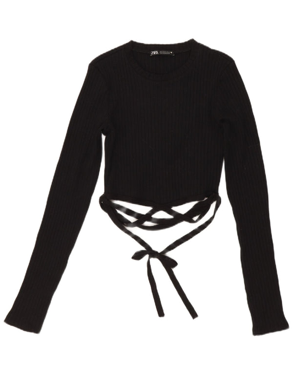 Zara Womens Crop Top Manches Longues UK 8 Petit Coton Noir