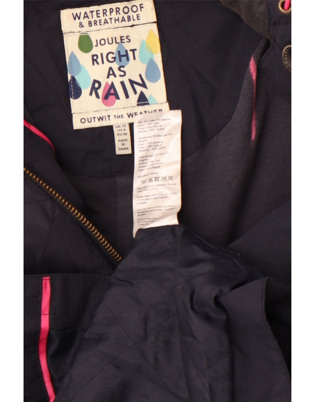 Joules Manteau imperméable à capuche pour femme UK 12 en coton bleu marine moyen