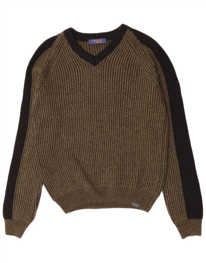 Trussardi Jeans Pull Col V Homme Kaki Moyen Colourblock