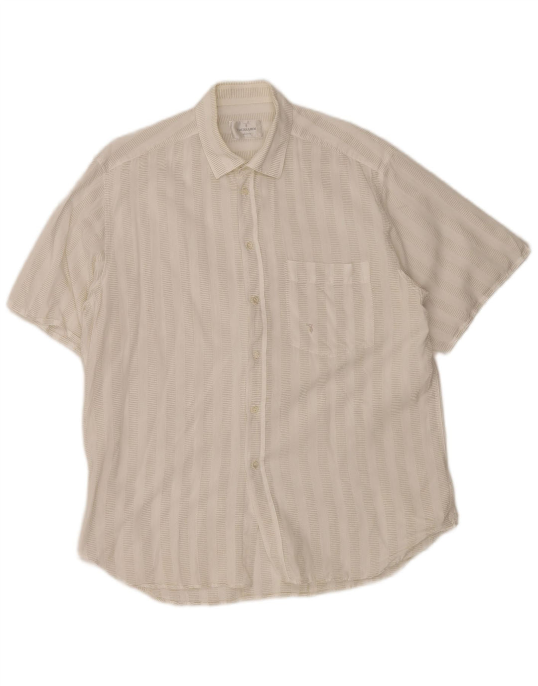 Trussardi Chemise à manches courtes pour homme Taille 40 15 3/4 Medium Off White Rayé