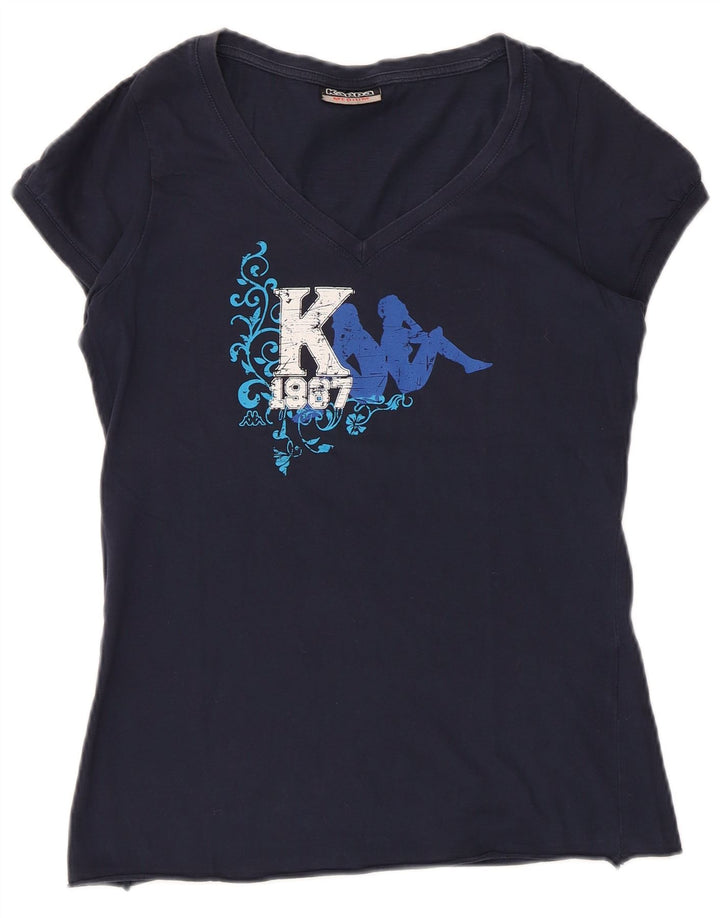 KAPPA T-shirt graphique pour femme UK 12 Bleu marine moyen Coton