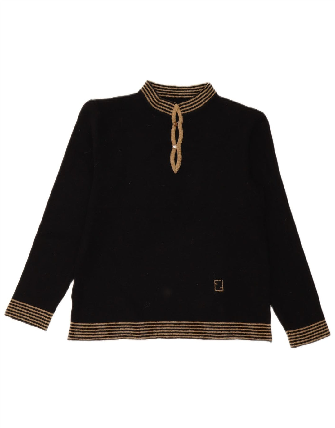 vintage Womens Turtle Neck Jumper Pull UK 12 Moyen Noir Rayé