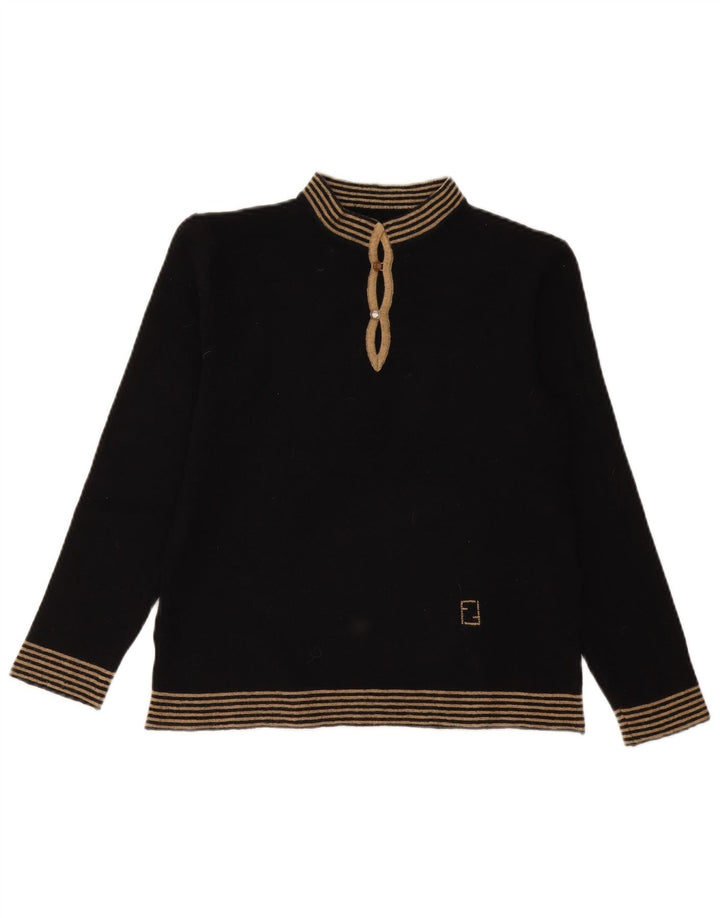 vintage Womens Turtle Neck Jumper Pull UK 12 Moyen Noir Rayé
