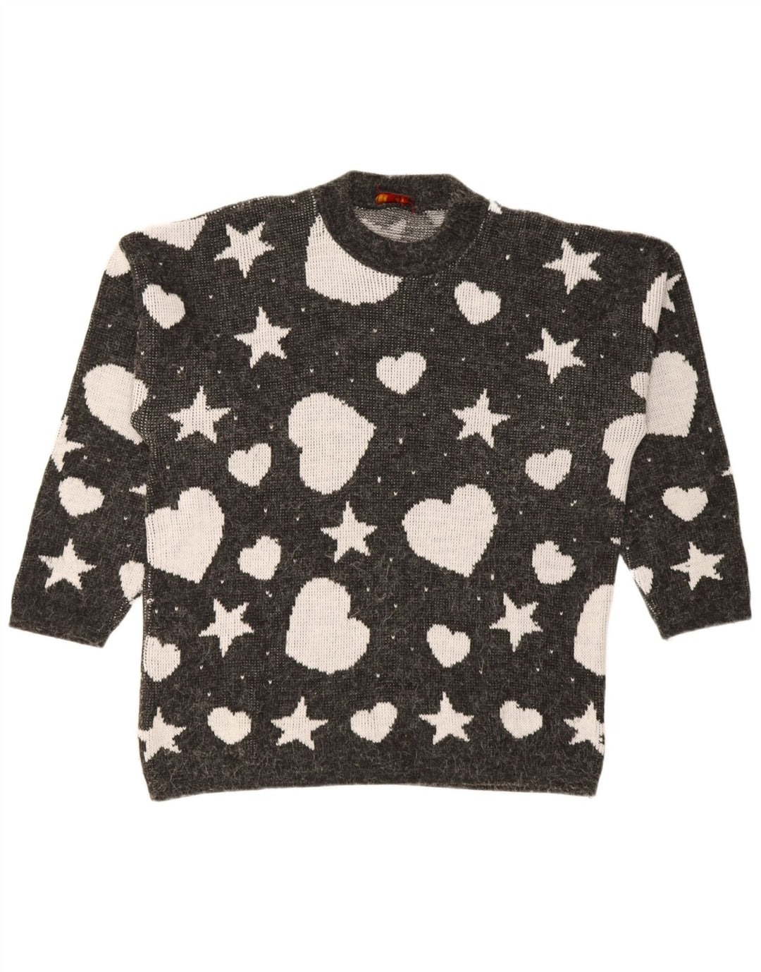 vintage Femmes Motif Abstrait Crew Neck Jumper Pull UK 14 Grand Noir