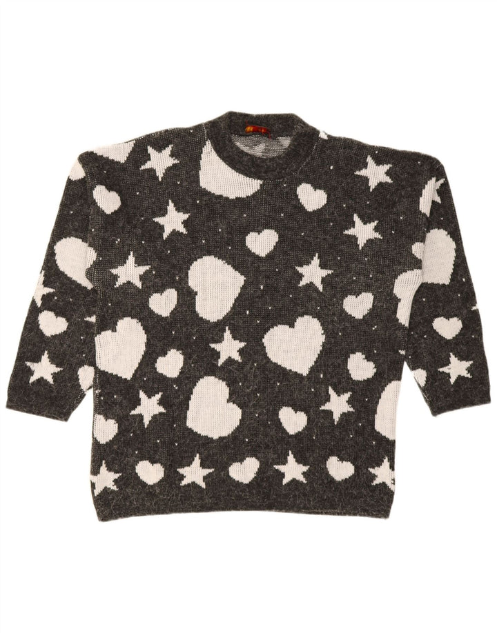 vintage Femmes Motif Abstrait Crew Neck Jumper Pull UK 14 Grand Noir