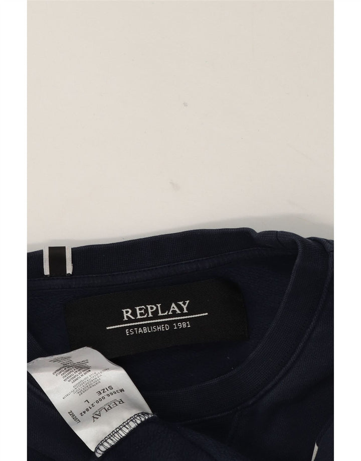 Replay Sweat-shirt graphique pour hommes, grand, bleu marine, coton
