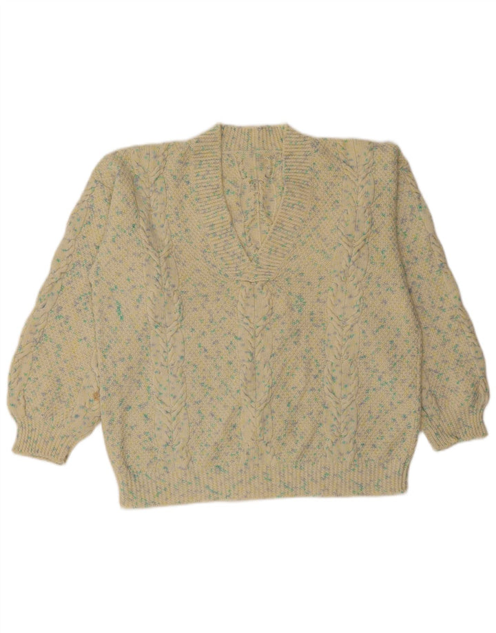 VINTAGE Pull col V femme UK 18 XL Beige Moucheté