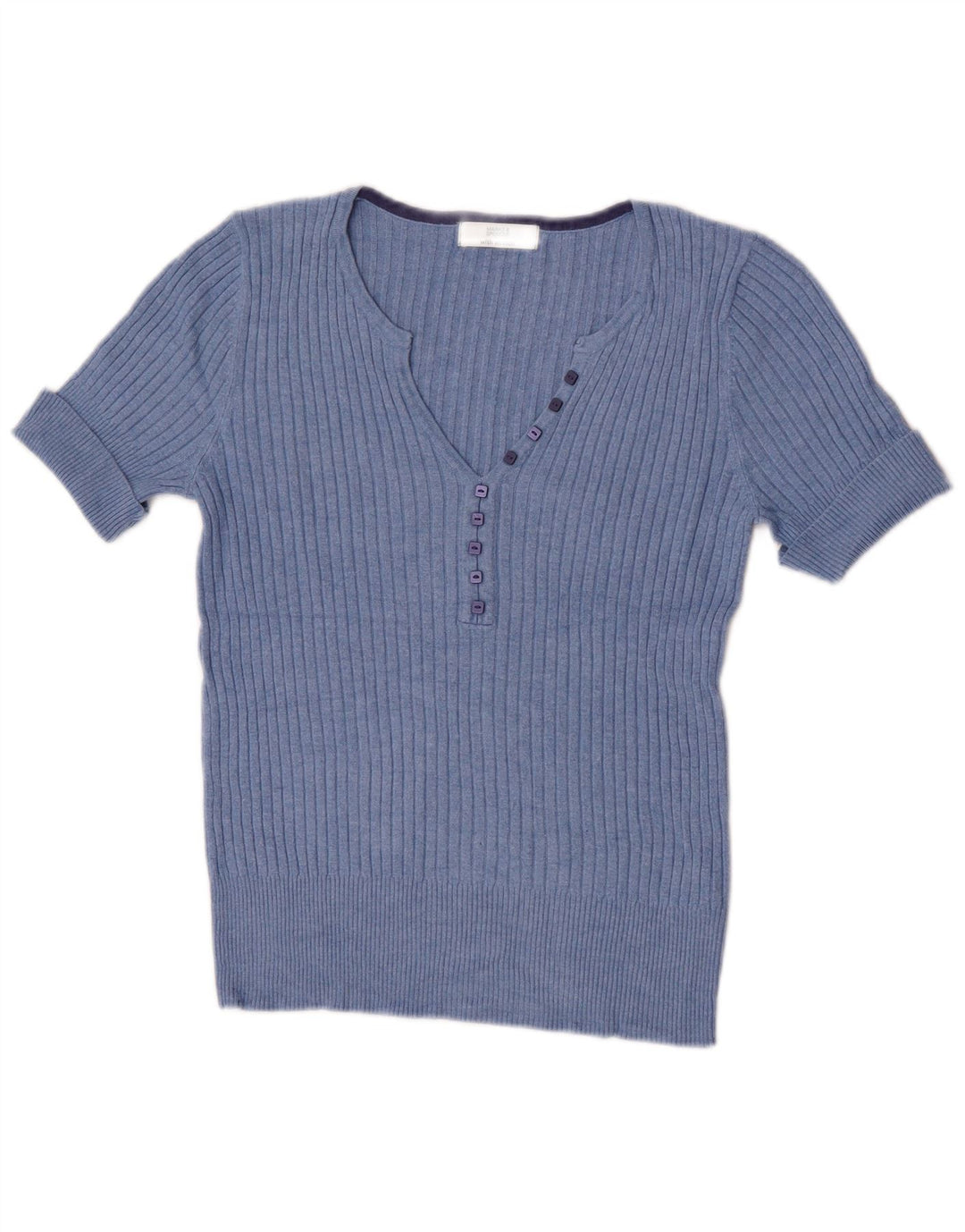 Marks & Spencer Pull à manches courtes et col en V pour femme Bleu moyen UK 12