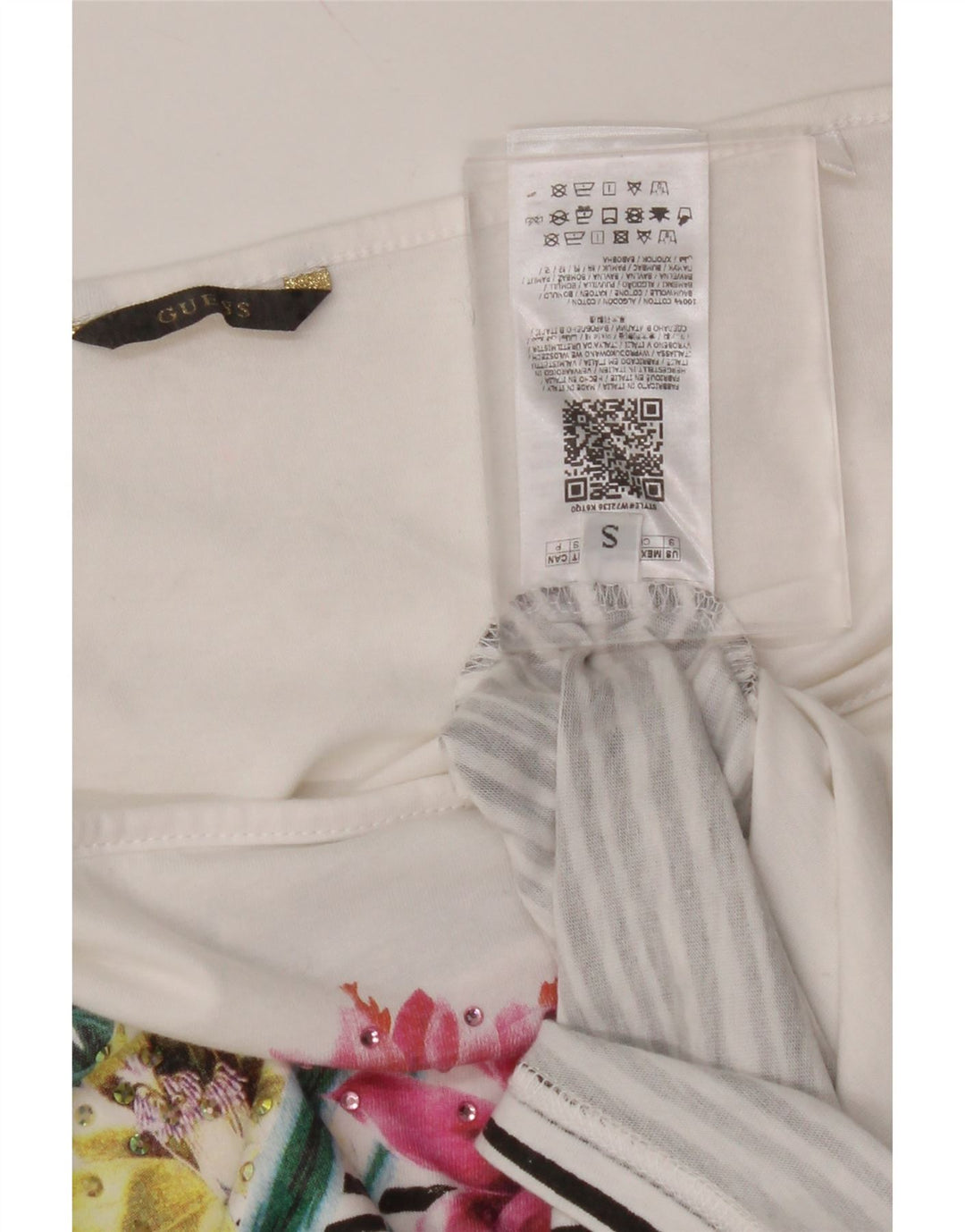 GUESS T-shirt court à épaules dénudées pour femme UK 10 Petit coton floral blanc