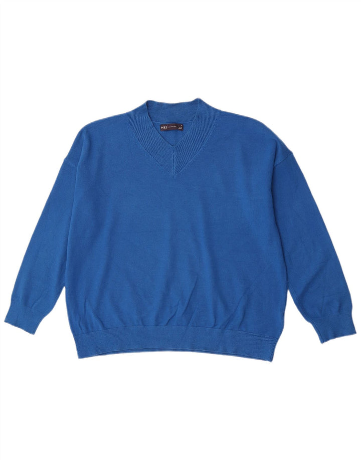 Marks & Spencer Pull col en V pour femme UK 44 Bleu moyen Viscose