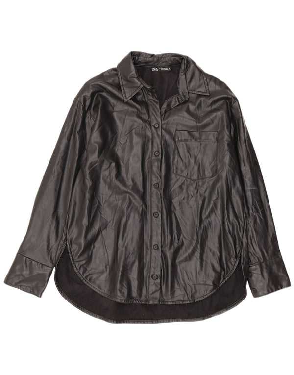 Zara Chemise surdimensionnée en similicuir pour femme UK 4 XS Noir