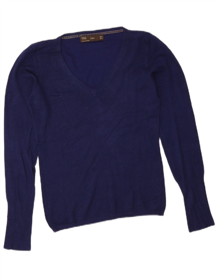 Zara Pull col V pour femme UK 12 Rayonne Bleu marine moyen