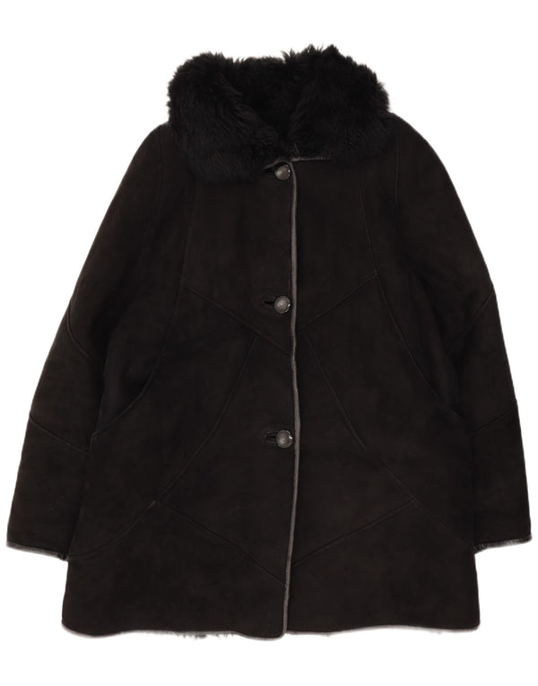 manteau en peau de mouton vintage femme UK 14 Moyen Noir