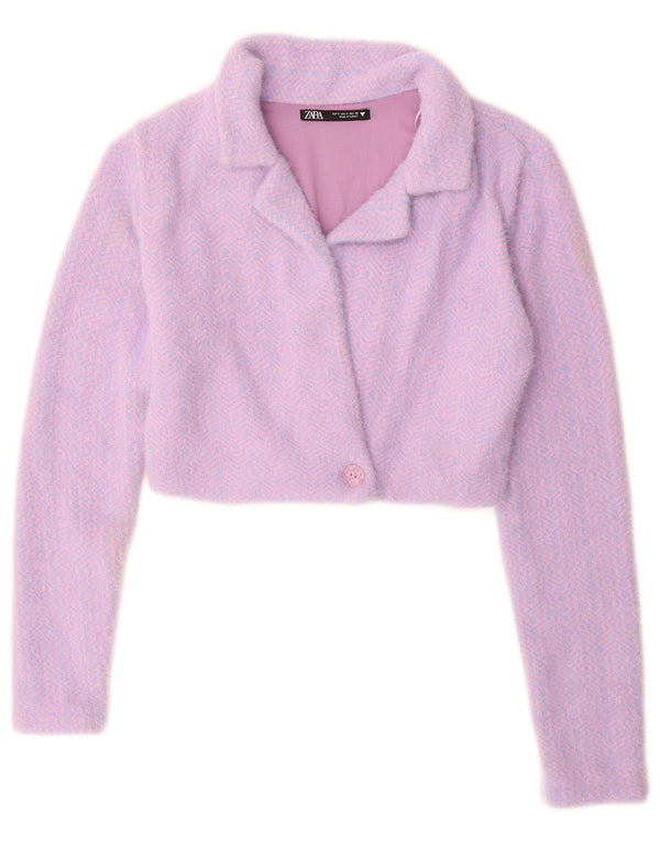 Zara Womens Crop Cardigan Sweater UK 10 Petit Violet Géométrique