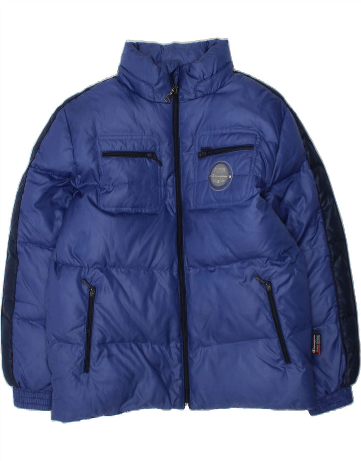 CHAMPION Boys Padded Jacket 9-10 Years Medium Blue Colourblock Polyester Vintage Champion and Second-Hand Champion from Messina Hembry 