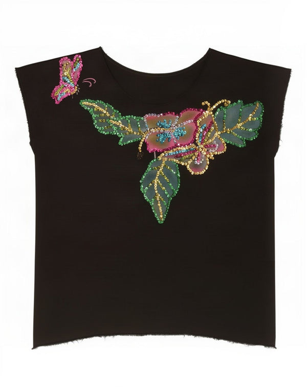 vintage Femme T-Shirt Top Taille Unique Coton Noir