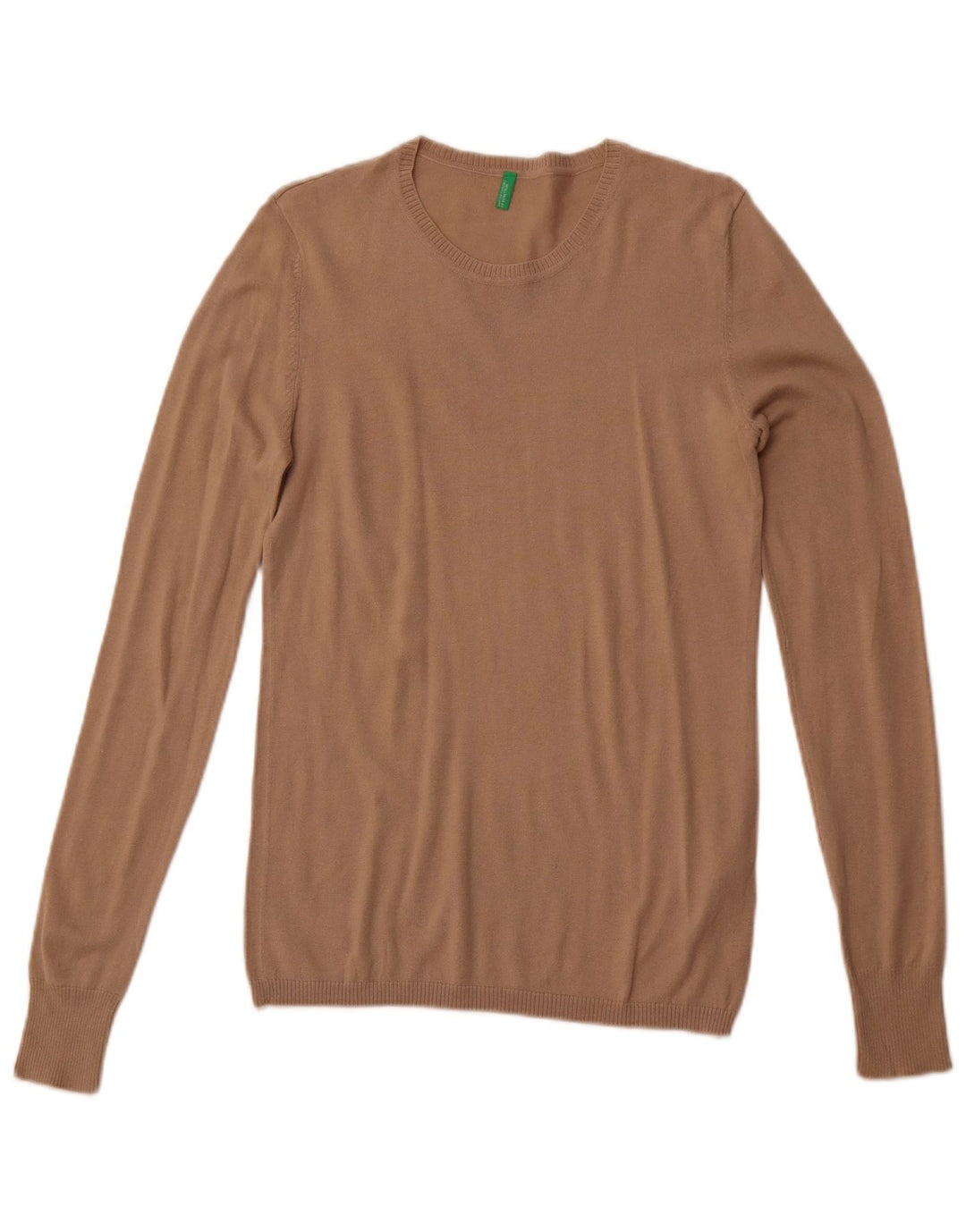 BENETTON Pull coupe slim à col rond pour femme UK 14 Grand coton beige