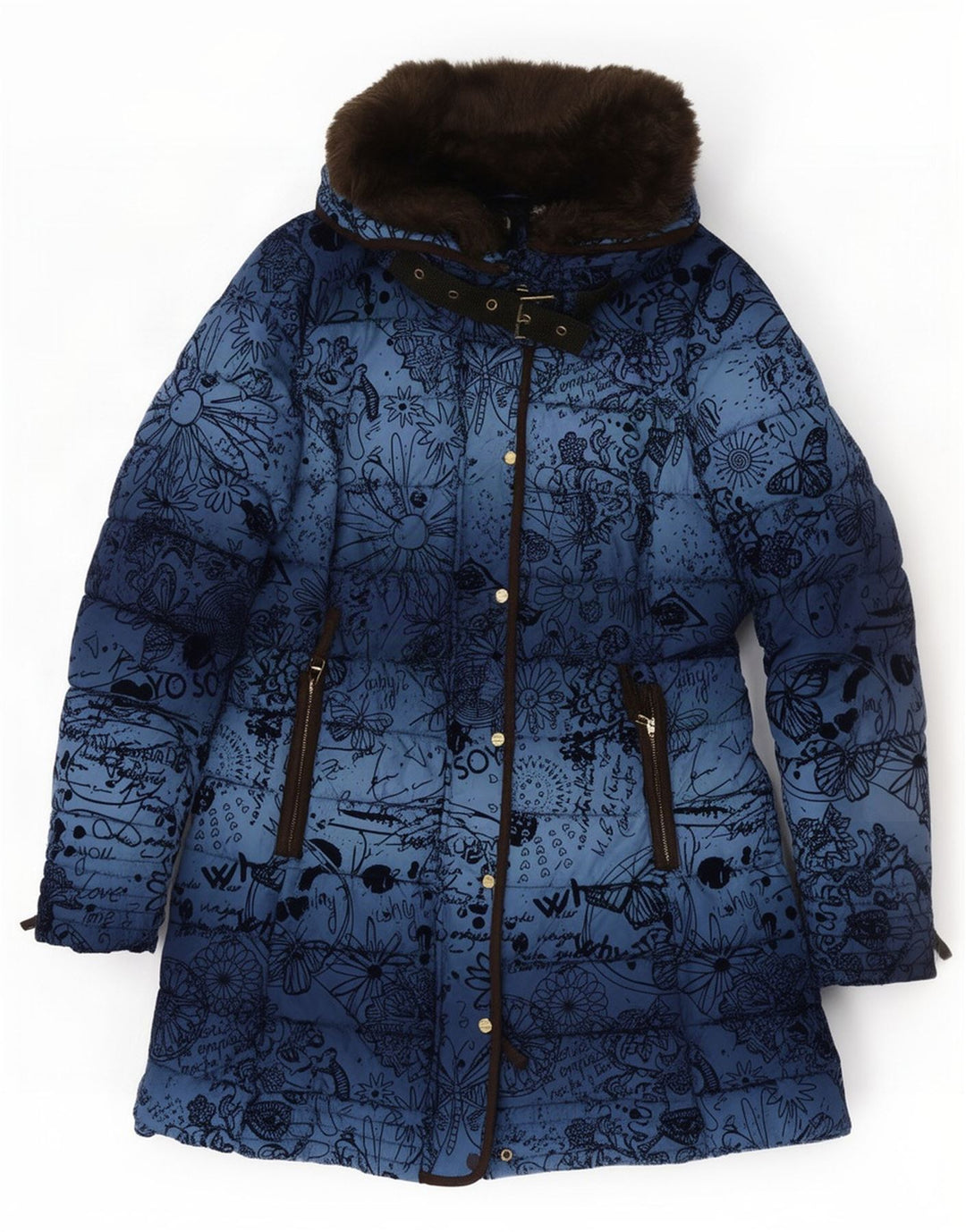 Desigual Manteau rembourré à capuche pour femme EU 40 Bleu moyen Floral Polyester