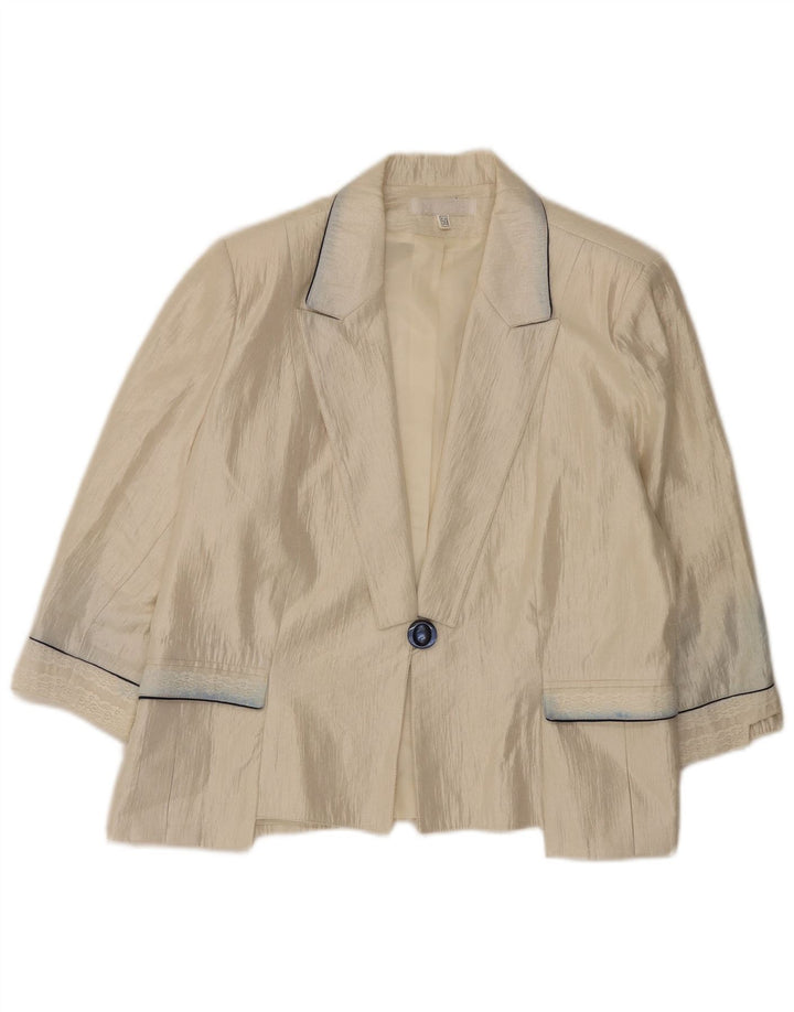 vintage Femmes 3/4 Manches 1 Bouton Blazer Veste EU 50 3XL Beige Viscose