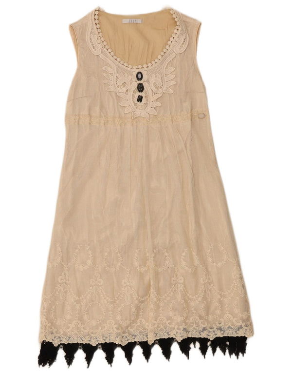 vintage Femme Robe A-Line sans manches UK 10 Petit Coton Floral Beige