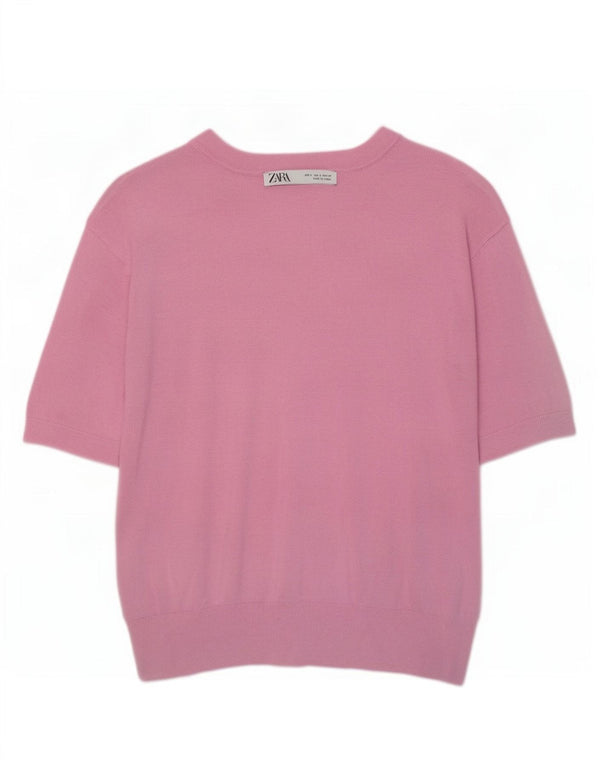 Zara Pull court à manches courtes et col bateau pour femme UK 10 Petit Rose