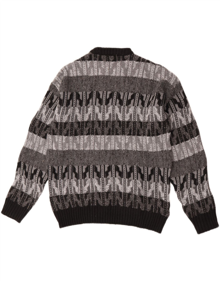 vintage Mens Crew Neck Jumper Pull Grande Gris Chevron Laine