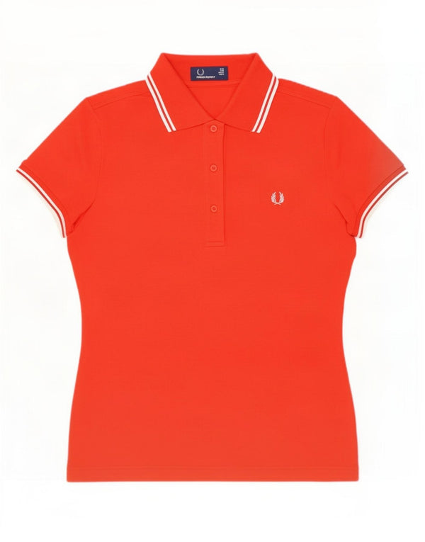 Fred Perry Polo Femme UK 12 Coton Rayé Rouge Moyen