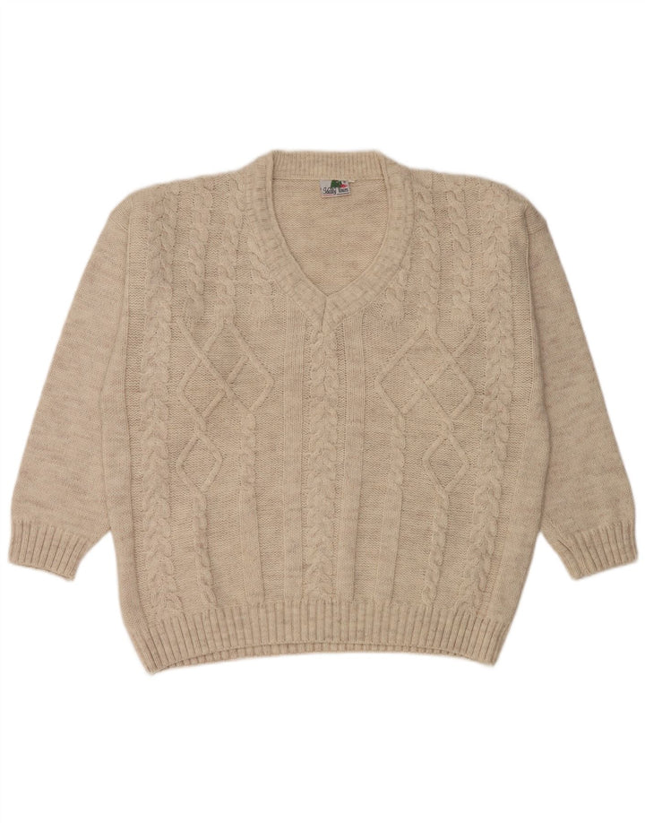 vintage Homme Col V Pull Pull XL Beige Laine