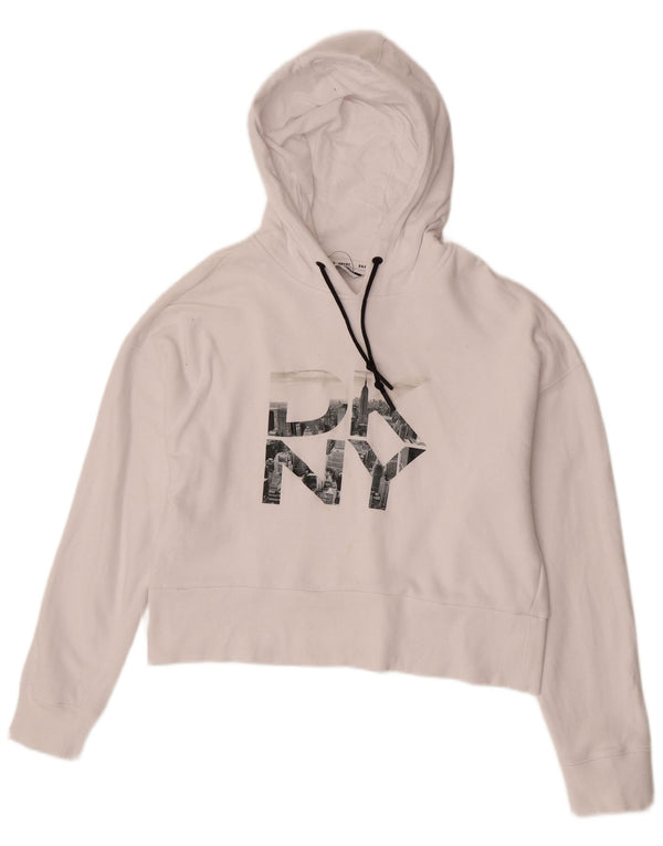 Dkny Pull à capuche court graphique surdimensionné pour femme UK 10 Petit coton blanc