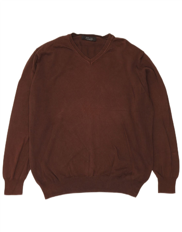 Zara Pull Col V Homme XL Marron Coton