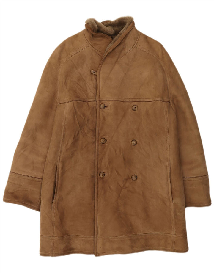 vintage Mens Shearling Overcoat IT 48 Cuir Marron Moyen