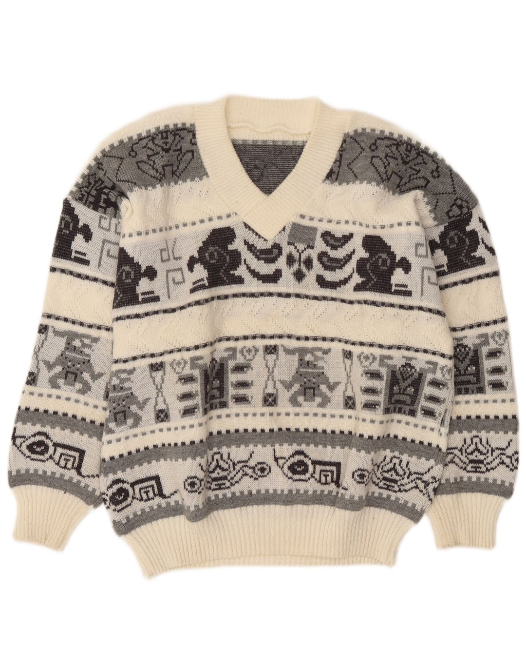 vintage Mens V-Col Jumper Pull Grand Blanc Cassé Géométrique
