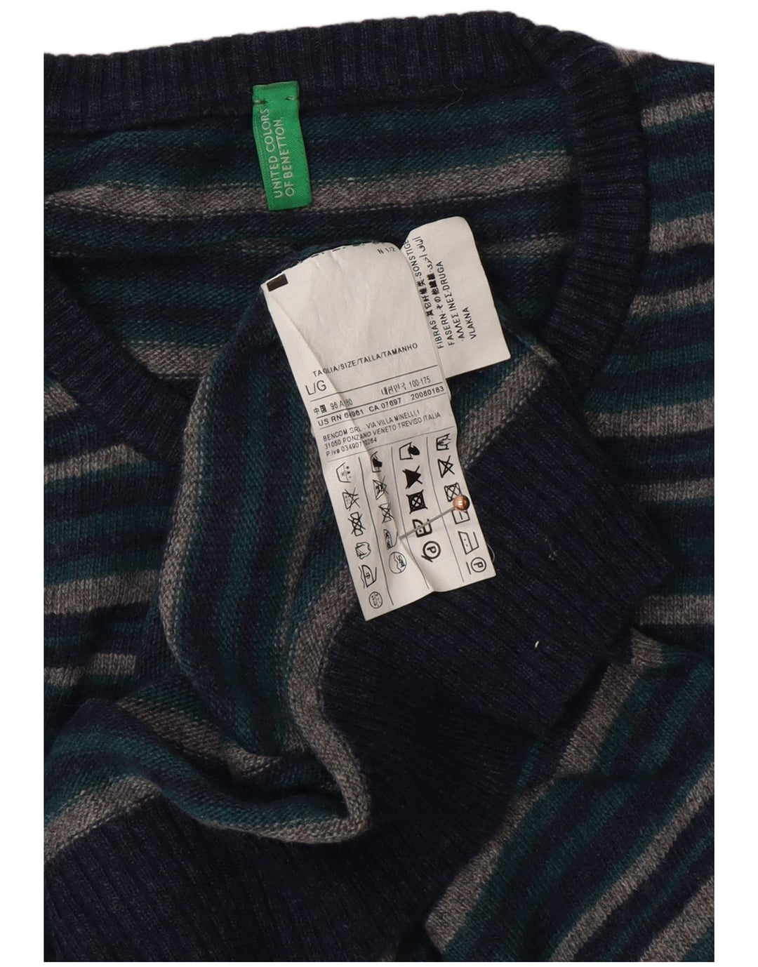 BENETTON Pull à col rond pour homme en laine rayée bleu marine