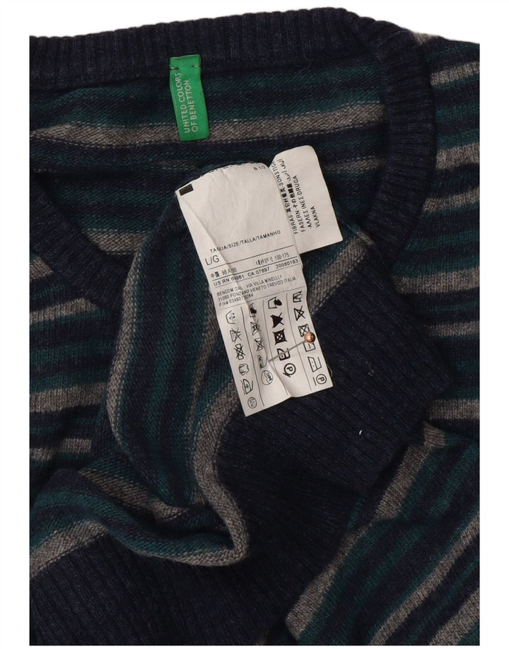 BENETTON Pull à col rond pour homme en laine rayée bleu marine