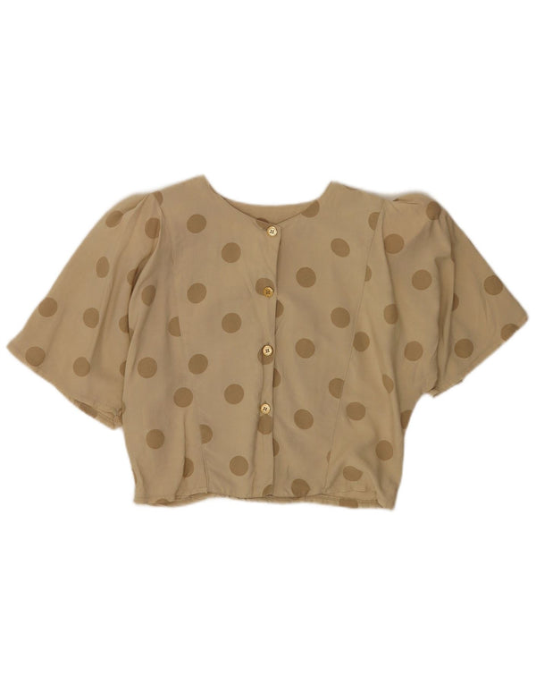 vintage Womens Crop Short Sleeve Shirt Blouse UK 12 Medium Beige Polka Dot