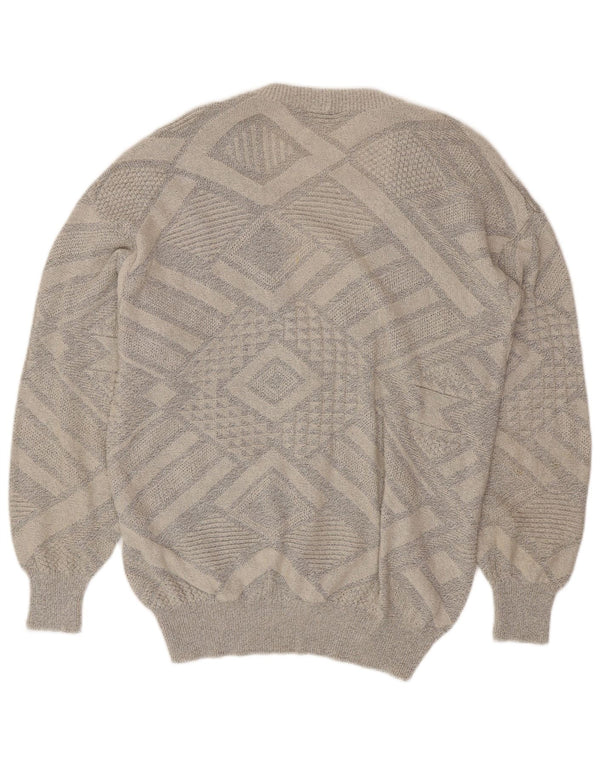 VINTAGE Homme Cardigan Pull Grand Gris Géométrique Coton