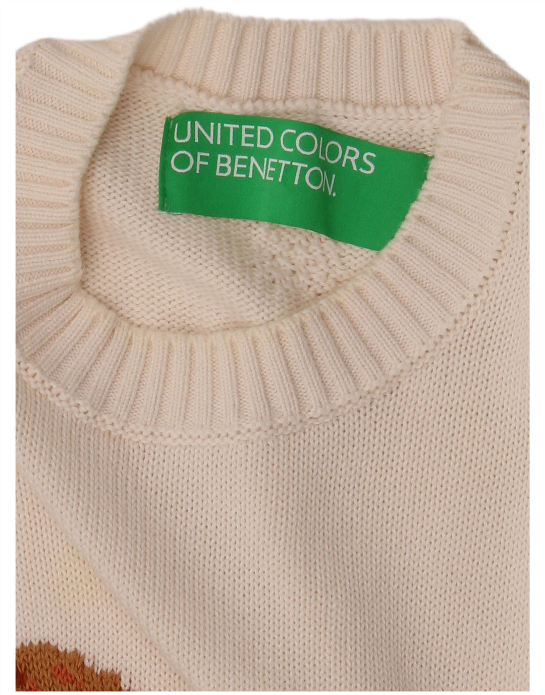 BENETTON Pull graphique à col rond pour femme UK 14 Blanc moyen