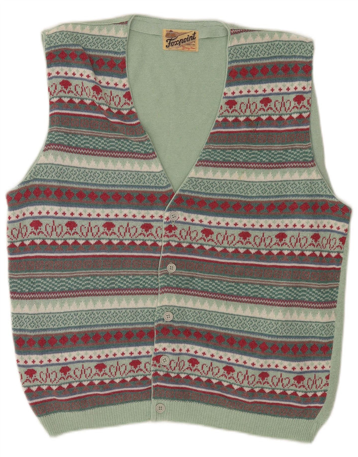 vintage Mens Cardigan sans manches Pull Moyen Multicolore Fair Isle