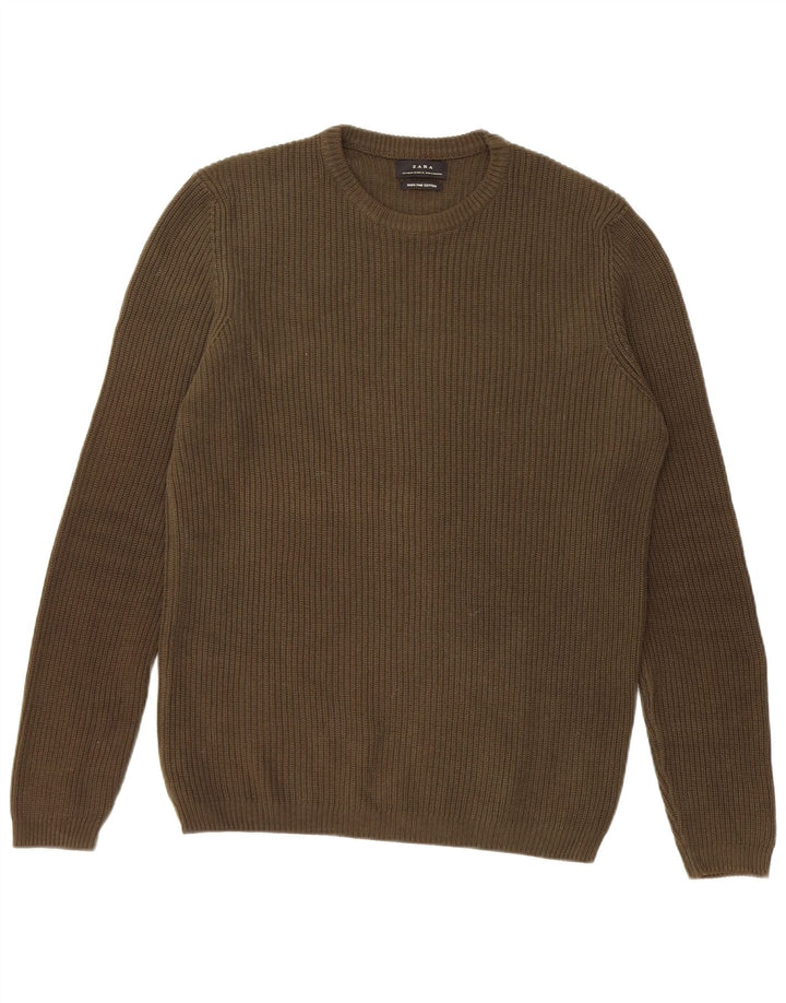 Zara Pull à col rond en coton kaki moyen pour homme