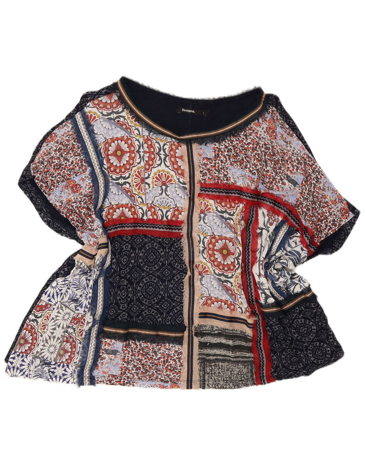 Desigual Womens Poncho Blouse Top UK 14 Large Bleu Marine Patchwork Bohème
