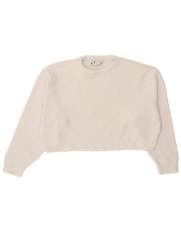 Zara Pull court surdimensionné à col rond pour femme UK 10 Petit Blanc