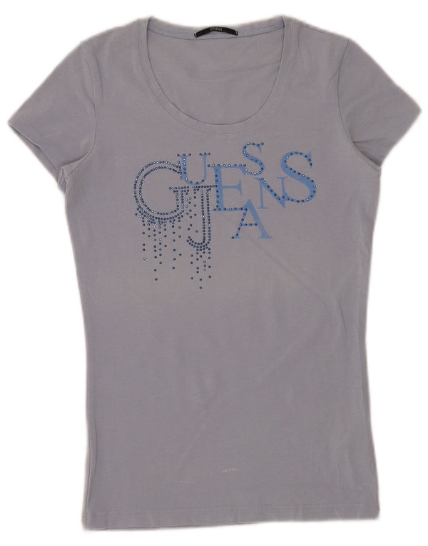 Guess T-Shirt Graphique Femme UK 6 XS Bleu Coton