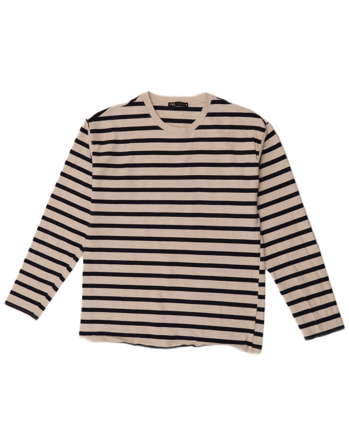 Zara Femme Top Manches Longues UK 12 Medium Blanc Rayé